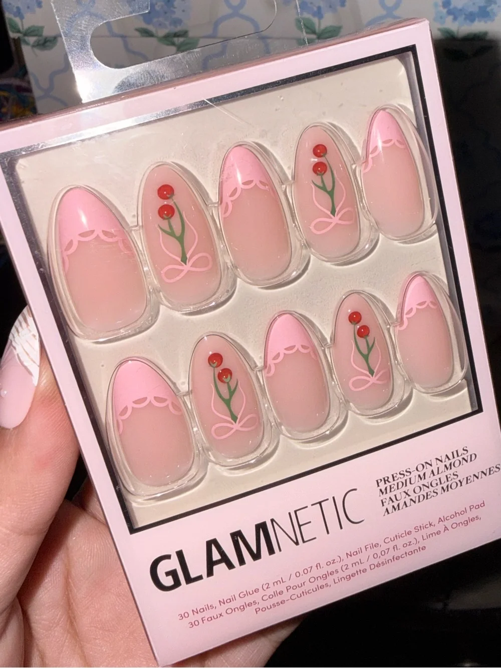 GLAMnetic “Cherry Bow” Pink Cherry Print with Lace French Tip Press-On Nails